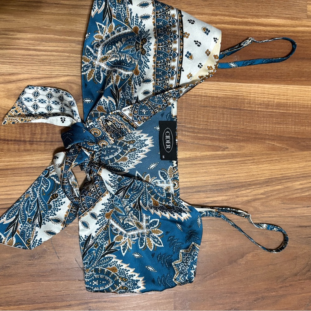 Cider Teal and Cream Paisley Tie-Front Top
